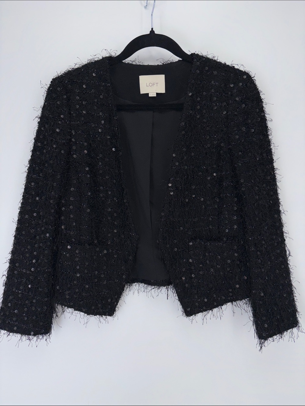 🍕 LOFT Black Sequin Tweed Open-Front Blazer